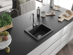 Mexen Milo granitový dřez 1-komorový 435 x 410 mm, černý/stříbrný metalický, sifon chrom - 6505441000-73