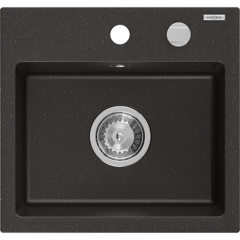 Mexen Milo granitový dřez 1-komorový 435 x 410 mm, černý/zlatý metalik, sifon chrom - 6505441000-75