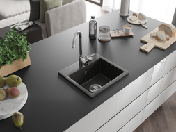 Mexen Milo granitový dřez 1-komorový 435 x 410 mm, černý/zlatý metalik, sifon chrom - 6505441000-75