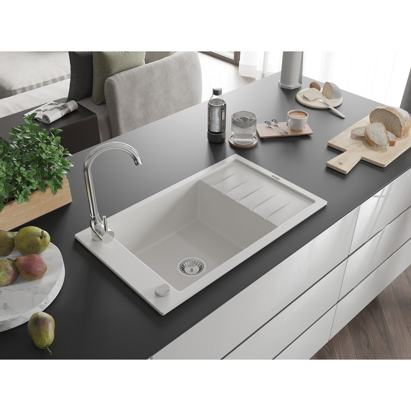 Mexen Elias granitový dřez s 1 komorou a odkapávačem 795 x 480 mm, bílý, chromový sifon - 6511791005-20