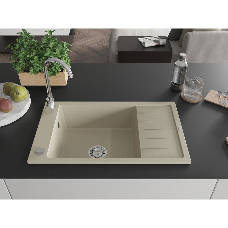 Mexen Elias granitový dřez s 1 komorou a odkapávačem 795 x 480 mm, béžový, sifon chrom - 6511791005-69