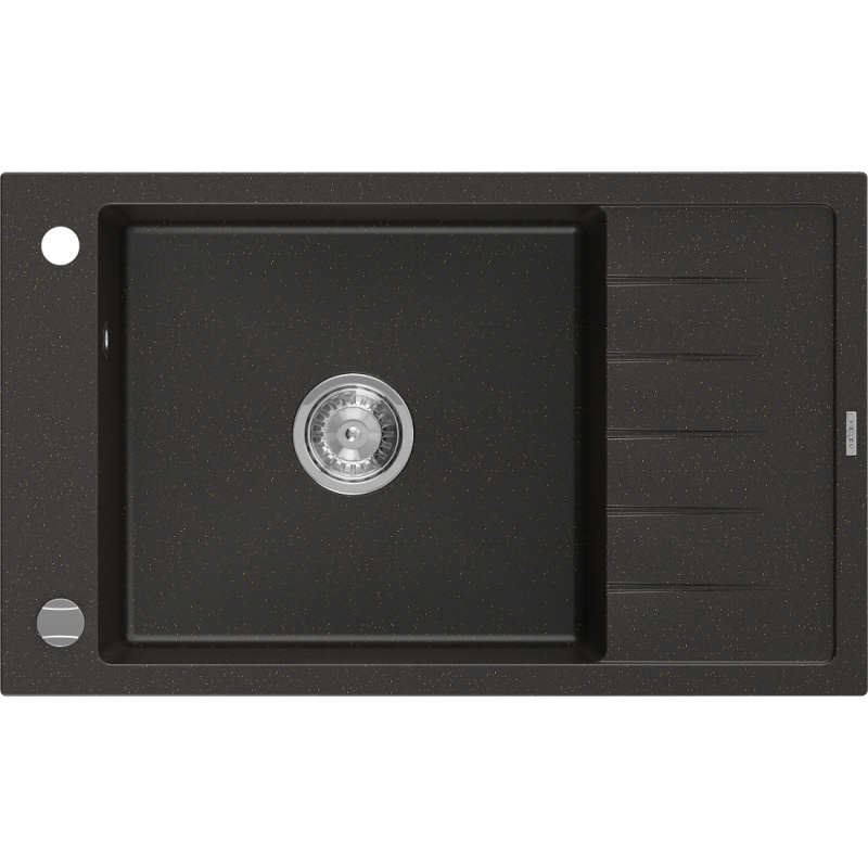 Mexen Elias granitový dřez 1-komorový s odkapávačem 795 x 480 mm, černý/zlatý metalík, chromový sifon - 6511791005-75