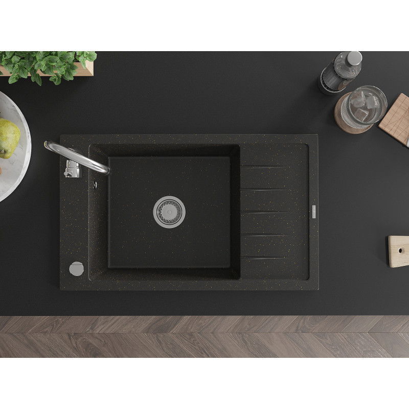 Mexen Elias granitový dřez 1-komorový s odkapávačem 795 x 480 mm, černý/zlatý metalík, chromový sifon - 6511791005-75