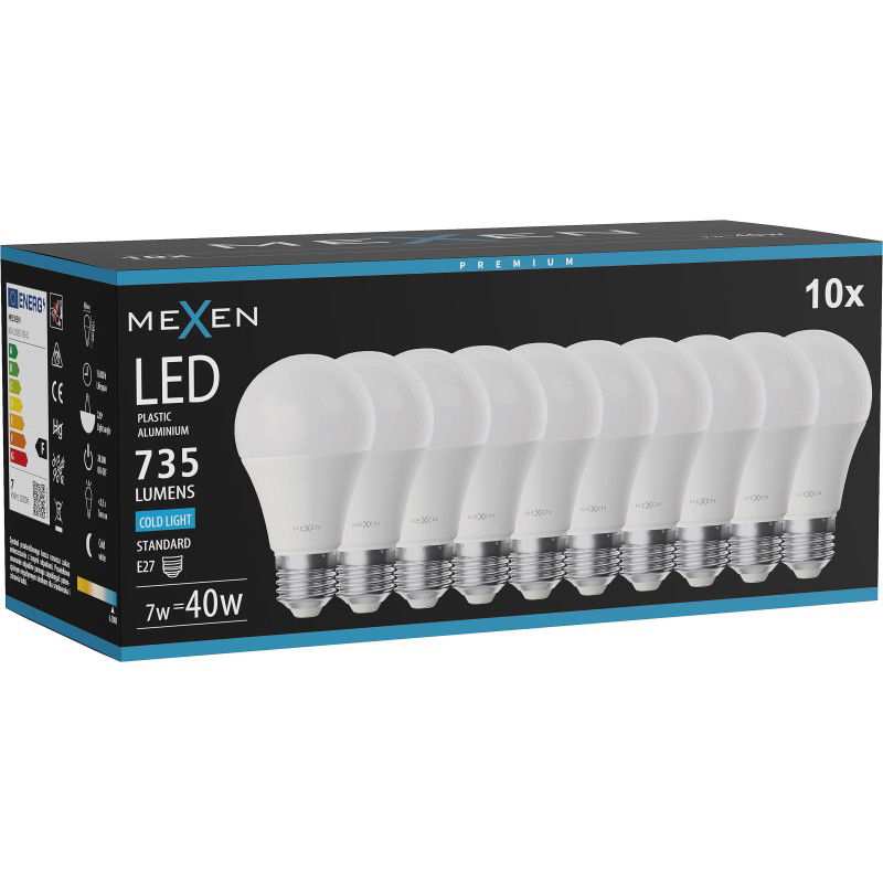 Mexen Nova 10x LED žárovka E27, A60, 7W, Studená - 6500K, 735 lm - L100-E27-0765-01x10