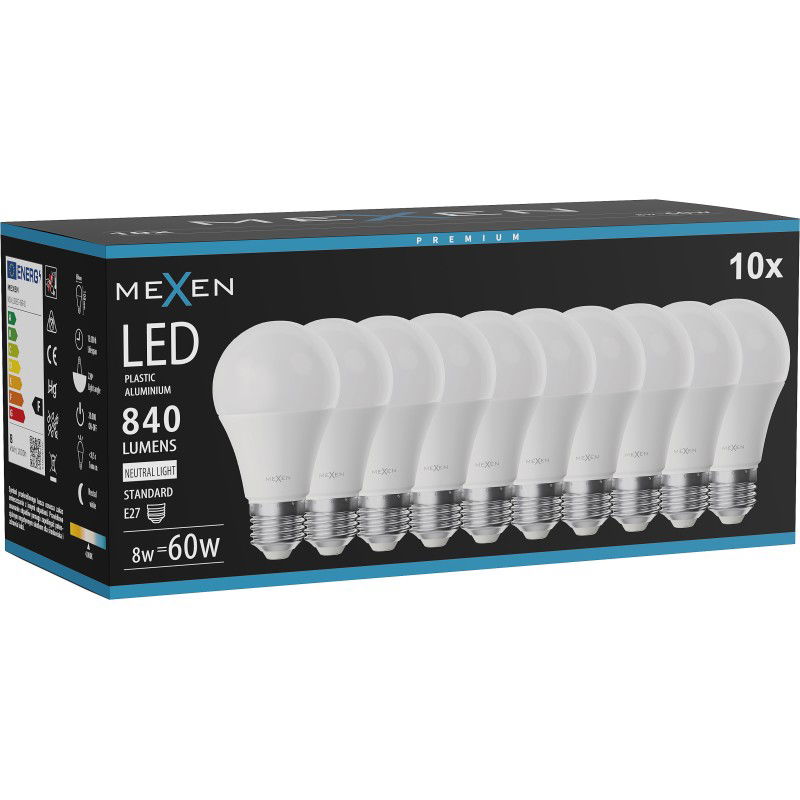 Mexen Nova 10x LED žárovka E27, A60, 8W, Neutrální - 4000K, 840 lm - L100-E27-0840-01x10