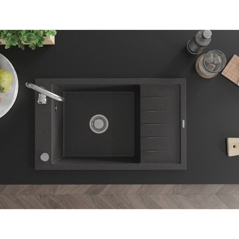 Mexen Elias granitový dřez 1-komorový s odkapávačem 795 x 480 mm, černý skvrnitý, chromový sifon - 6511791005-76