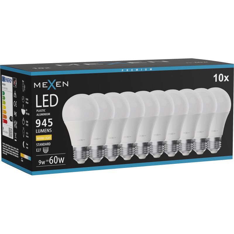 Mexen Nova 10x LED žárovka E27, A60, 9W, Teplá - 3000K, 945 lm - L100-E27-0930-01x10