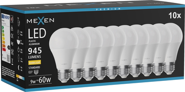 Mexen Nova 10x LED žárovka E27, A60, 9W, Teplá - 3000K, 945 lm - L100-E27-0930-01x10