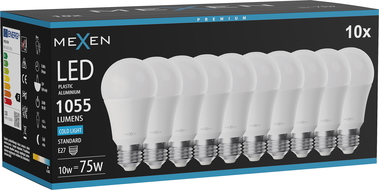 Mexen Nova 10x LED žárovka E27, A60, 10W, Studená - 6500K, 1055 lm - L100-E27-1065-01x10