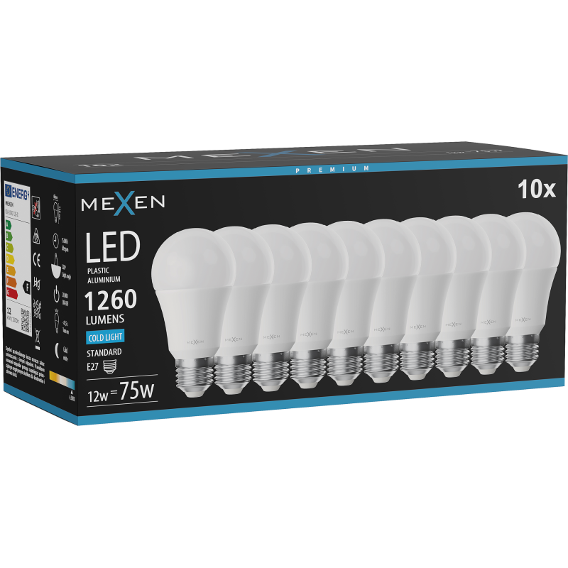 Mexen Nova 10x LED žárovka E27, A60, 12W, Studená - 6500K, 1260 lm - L100-E27-1265-01x10