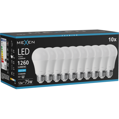 Mexen Nova 10x LED žárovka E27, A60, 12W, Studená - 6500K, 1260 lm - L100-E27-1265-01x10