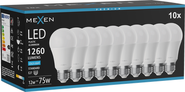 Mexen Nova 10x LED žárovka E27, A60, 12W, Studená - 6500K, 1260 lm - L100-E27-1265-01x10