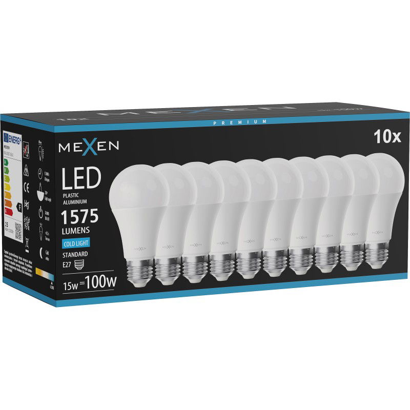 Mexen Nova 10x LED žárovka E27, A60, 15W, Studená - 6500K, 1575 lm - L100-E27-1565-01x10