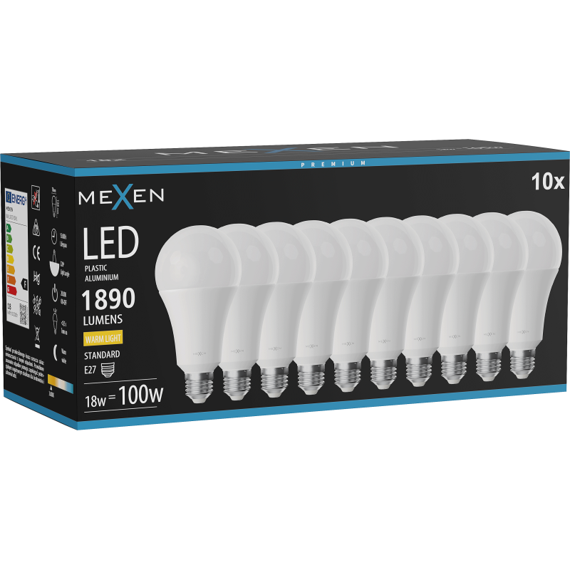Mexen Nova 10x LED žárovka E27, A70, 18W, Teplá - 3000K, 1890 lm - L100-E27-1830-01x10