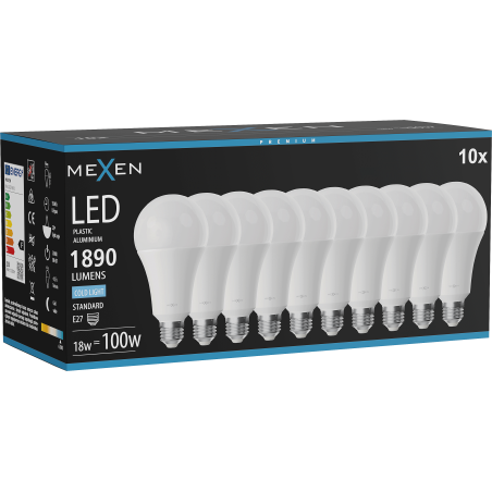 Mexen Nova 10x LED žárovka E27, A70, 18W, Studená - 6500K, 1890 lm - L100-E27-1865-01x10