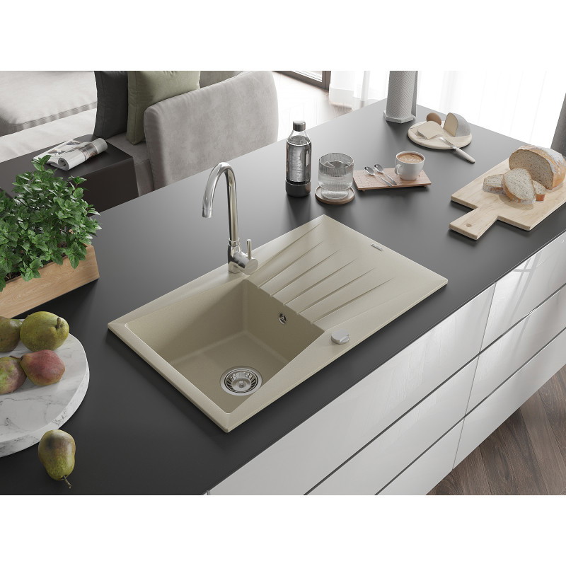 Mexen Cesar granitový dřez 1-komorový s odkapávačem 775 x 470 mm, béžový, syfon chrom - 6514771010-69