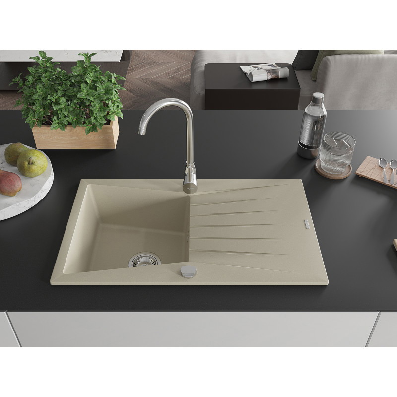 Mexen Cesar granitový dřez 1-komorový s odkapávačem 775 x 470 mm, béžový, syfon chrom - 6514771010-69