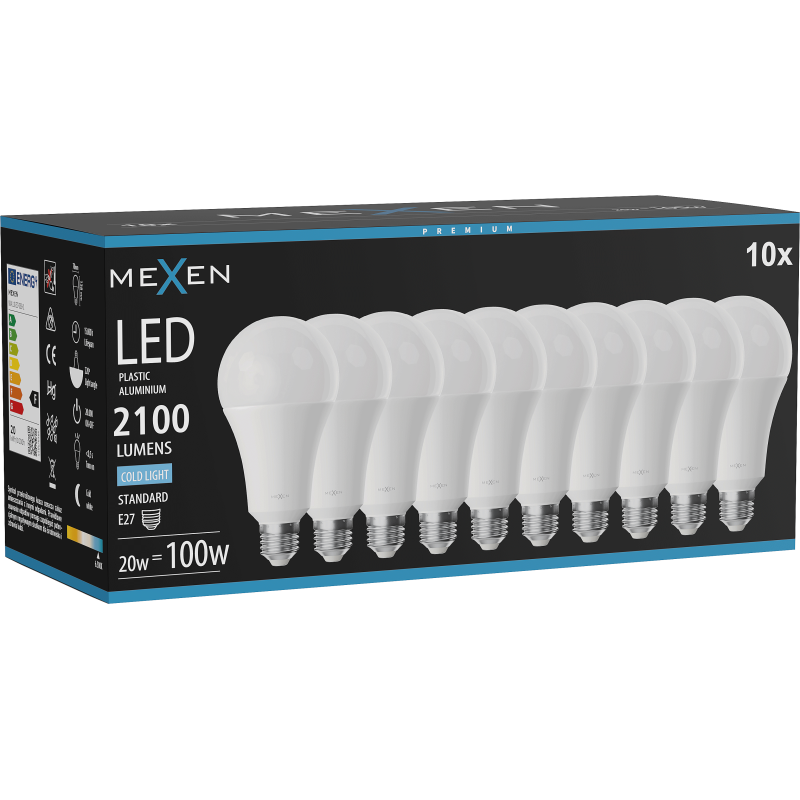 Mexen Nova 10x LED žárovka E27, A70, 20W, Studená - 6500K, 2100 lm - L100-E27-2065-01x10