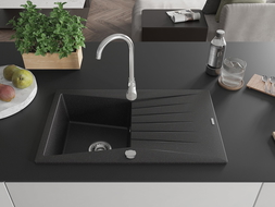 Mexen Cesar žulový dřez 1komorový s odkapávačem 775 x 470 mm, černý/stříbrný metalický, sifon chrom - 6514771010-73