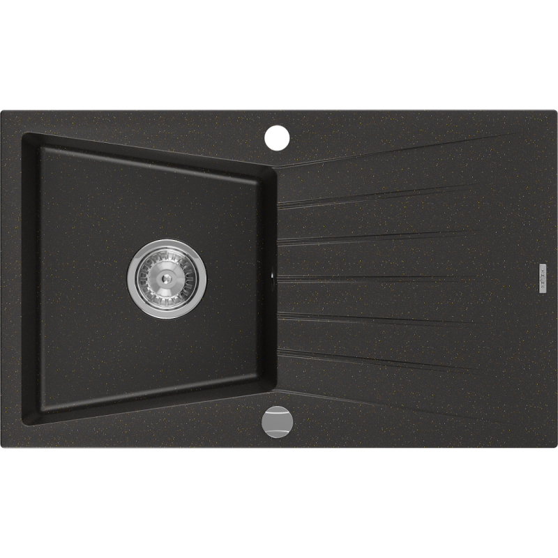 Mexen Cesar žulový dřez 1-komorový s odkapávačem 775 x 470 mm, černý/zlatý metalik, sifon chrom - 6514771010-75