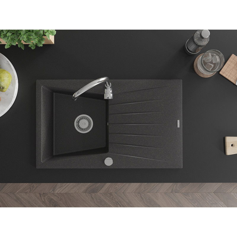 Mexen Cesar granitový dřez 1-komorový s odkapávačem 775 x 470 mm, černý tečkovaný, sifon chrom - 6514771010-76