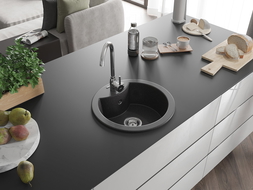 Mexen Diego žulový dřez 1-komorový 488 x 480 mm, černý s tečkami, sifon chrom - 6512481000-76