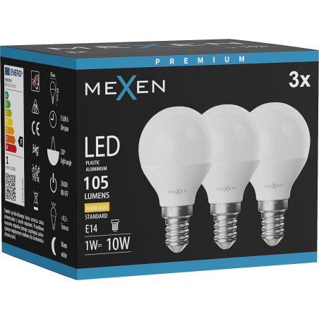 Mexen Nova 3x LED žárovka E14, G45, 1W, Teplá - 3000K, 105 lm - L101-E14-0130-01x03