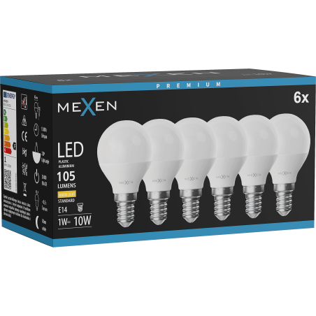 Mexen Nova 6x LED žárovka E14, G45, 1W, Teplá - 3000K, 105 lm - L101-E14-0130-01x06