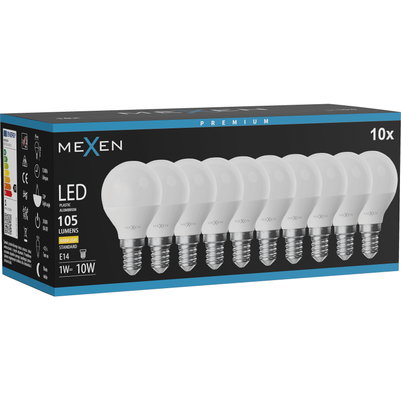 Mexen Nova 10x Žárovka LED E14, G45, 1W, Teplá - 3000K, 105 lm - L101-E14-0130-01x10