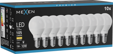 Mexen Nova 10x Žárovka LED E14, G45, 1W, Teplá - 3000K, 105 lm - L101-E14-0130-01x10