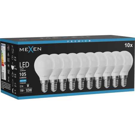 Mexen Nova 10x LED žárovka E14, G45, 1W, Studená - 6500K, 105 lm - L101-E14-0165-01x10