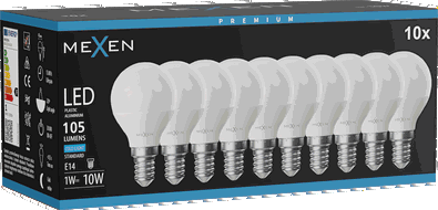 Mexen Nova 10x LED žárovka E14, G45, 1W, Studená - 6500K, 105 lm - L101-E14-0165-01x10