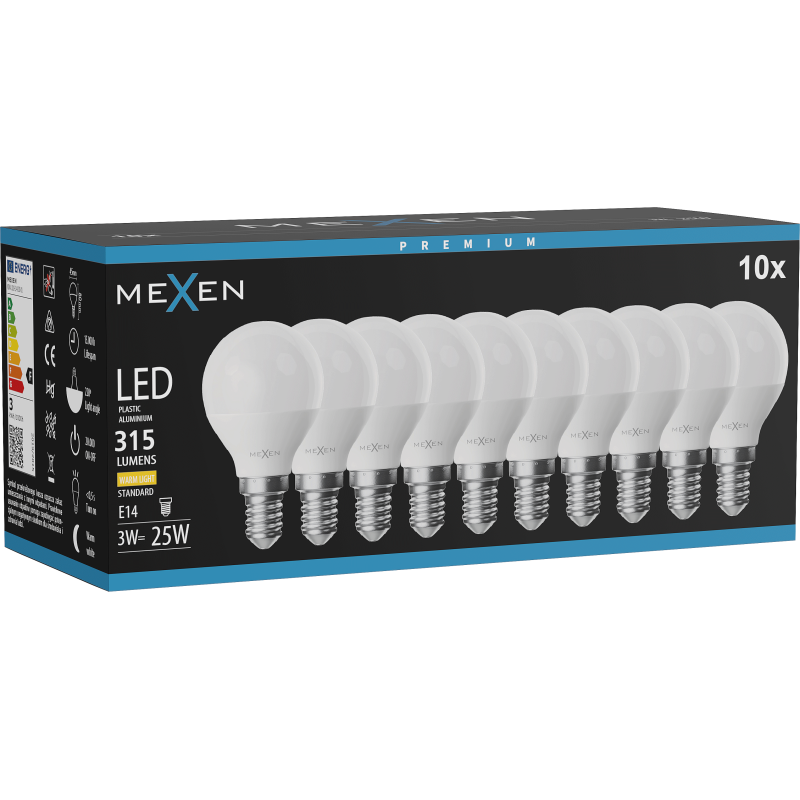 Mexen Nova 10x LED žárovka E14, G45, 3W, Teplá - 3000K, 315 lm - L101-E14-0330-01x10