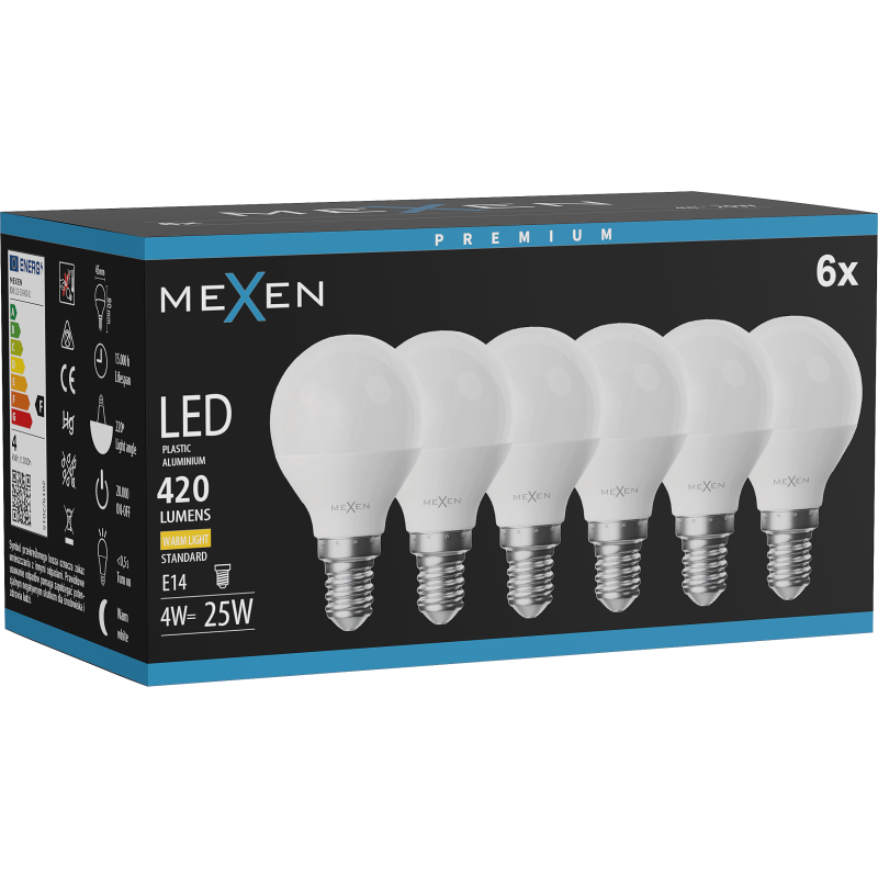 Mexen Nova 6x LED žárovka E14, G45, 4W, Teplá - 3000K, 420 lm - L101-E14-0430-01x06