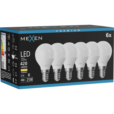 Mexen Nova 6x LED žárovka E14, G45, 4W, Teplá - 3000K, 420 lm - L101-E14-0430-01x06