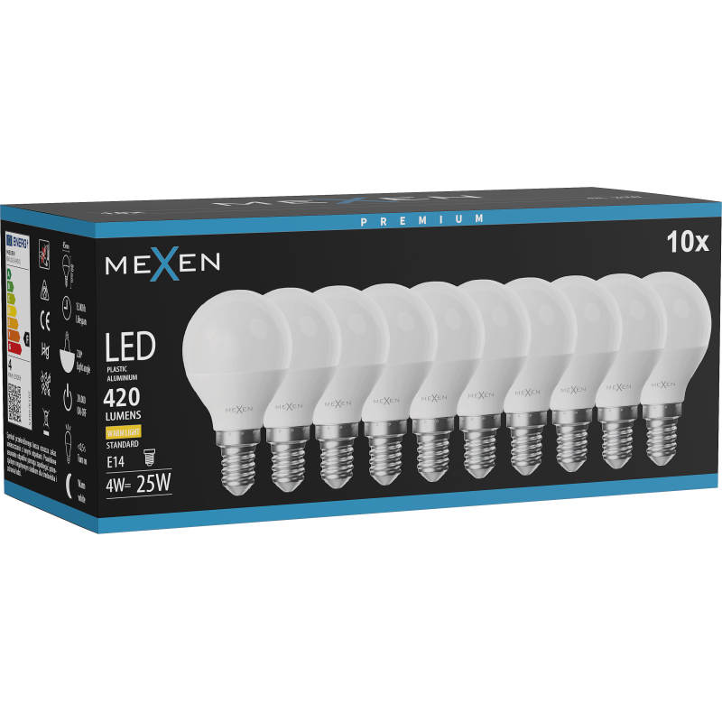 Mexen Nova 10x LED žárovka E14, G45, 4W, Teplá - 3000K, 420 lm - L101-E14-0430-01x10
