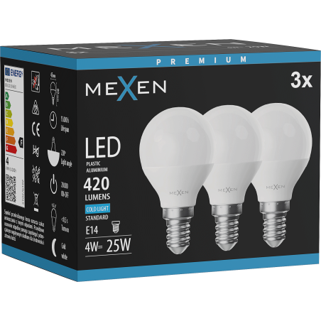 Mexen Nova 3x LED žárovka E14, G45, 4W, Studená - 6500K, 420 lm - L101-E14-0465-01x03