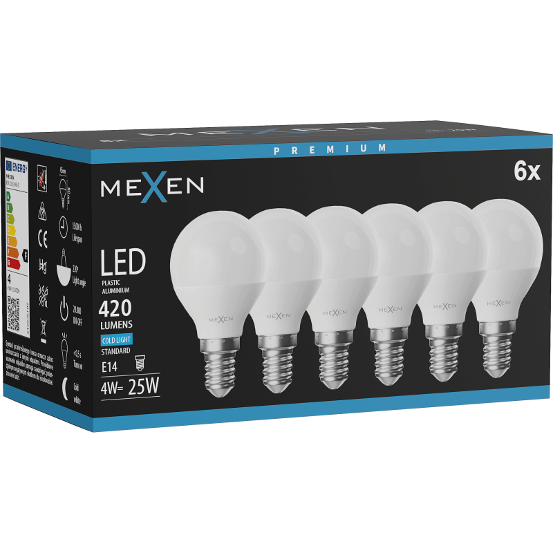 Mexen Nova 6x LED žárovka E14, G45, 4W, Studená - 6500K, 420 lm - L101-E14-0465-01x06