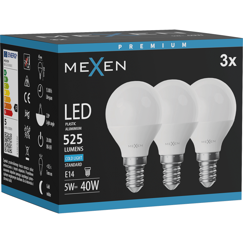 Mexen Nova 3x LED žárovka E14, G45, 5W, Studená - 6500K, 525 lm - L101-E14-0565-01x03