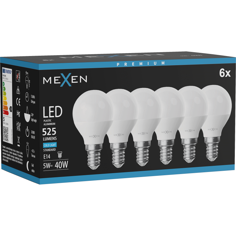 Mexen Nova 6x LED žárovka E14, G45, 5W, Studená - 6500K, 525 lm - L101-E14-0565-01x06