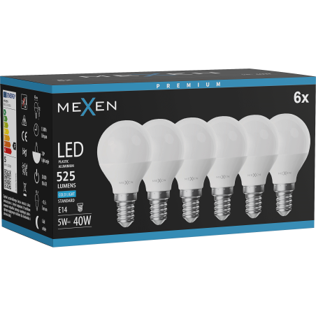 Mexen Nova 6x LED žárovka E14, G45, 5W, Studená - 6500K, 525 lm - L101-E14-0565-01x06