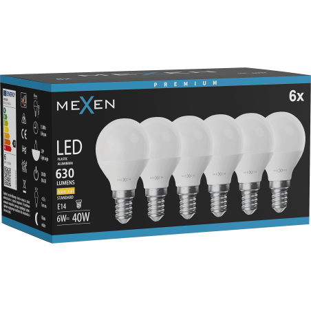 Mexen Nova 6x LED žárovka E14, G45, 6W, Teplá - 3000K, 630 lm - L101-E14-0630-01x06
