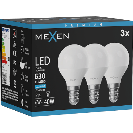 Mexen Nova 3x LED žárovka E14, G45, 6W, Studená - 6500K, 630 lm - L101-E14-0665-01x03