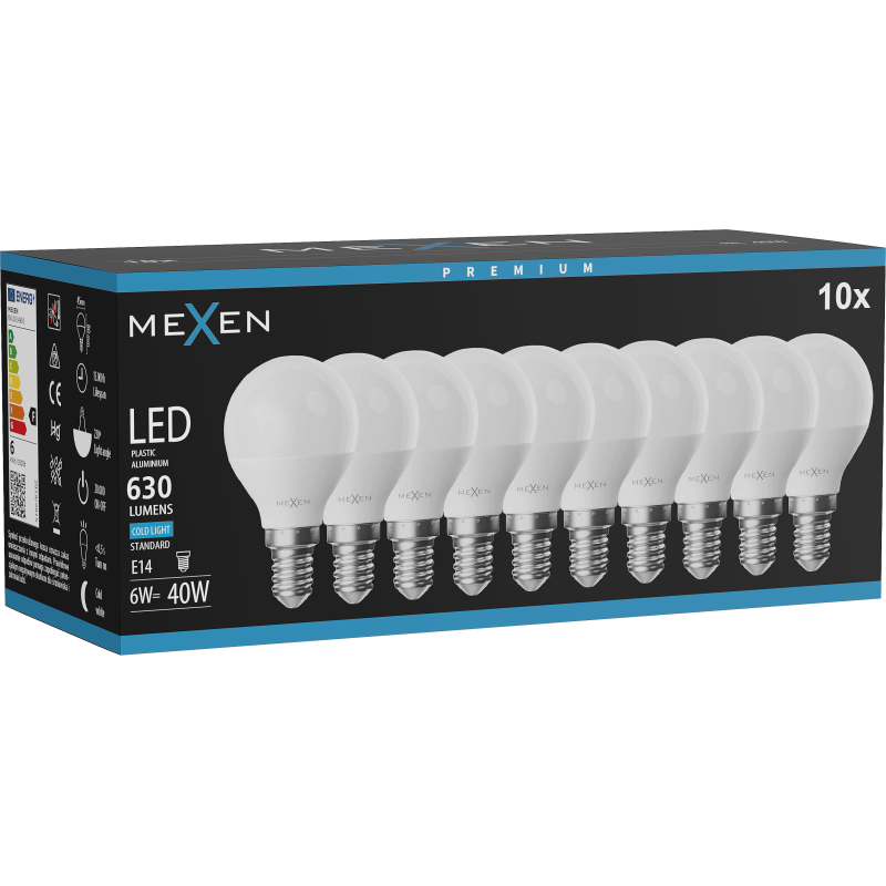 Mexen Nova 10x LED žárovka E14, G45, 6W, Studená - 6500K, 630 lm - L101-E14-0665-01x10