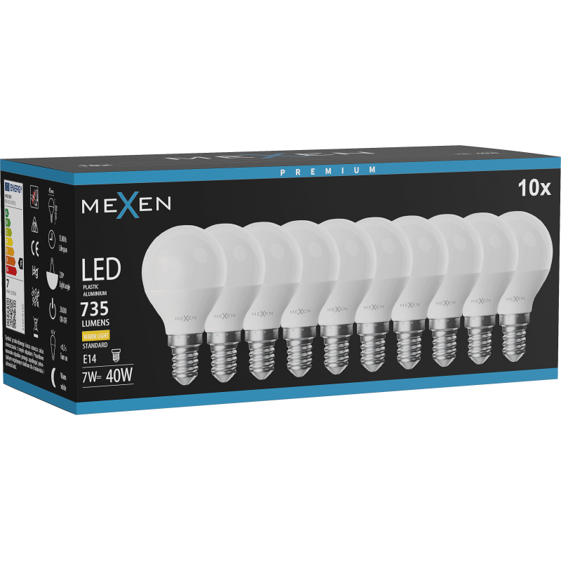 Mexen Nova 10x LED žárovka E14, G45, 7W, Teplá - 3000K, 735 lm - L101-E14-0730-01x10