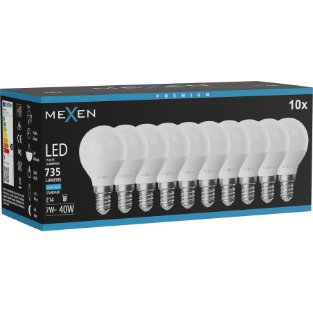 Mexen Nova 10x LED žárovka E14, G45, 7W, Studená - 6500K, 735 lm - L101-E14-0765-01x10