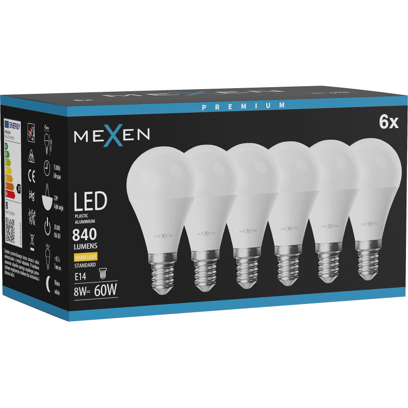 Mexen Nova 6x LED žárovka E14, G45, 8W, Teplá - 3000K, 840 lm - L101-E14-0830-01x06