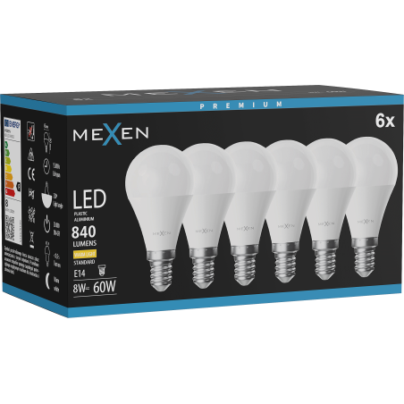 Mexen Nova 6x LED žárovka E14, G45, 8W, Teplá - 3000K, 840 lm - L101-E14-0830-01x06