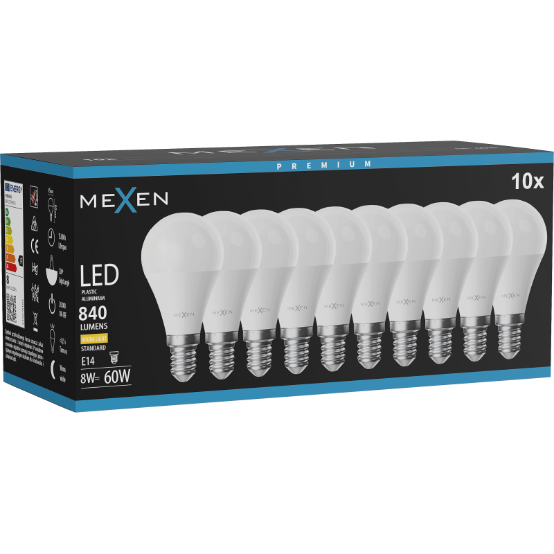 Mexen Nova 10x LED žárovka E14, G45, 8W, Teplá - 3000K, 840 lm - L101-E14-0830-01x10