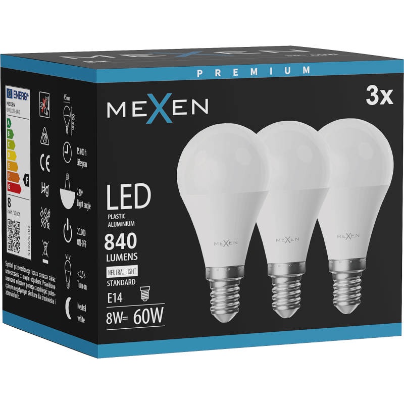 Mexen Nova 3x LED žárovka E14, G45, 8W, Neutrální - 4000K, 840 lm - L101-E14-0840-01x03